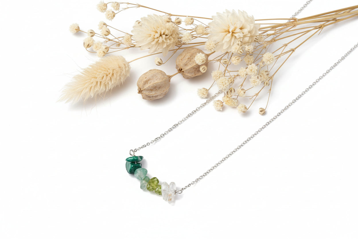 Colar Malaquita, Aventurina Verde, Peridoto e Quartzo Cristal